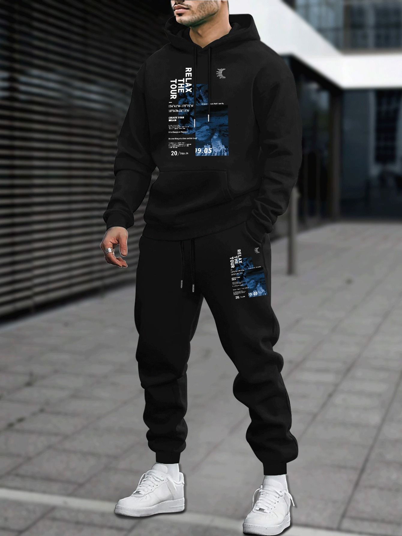 Outdoor Sport Is - ชุดเซ็ต 2 ชิ้น เสื้อฮู้ดและกางเกงวอร์มผู้ชาย สำหรับฤดูใบไม้ร่วงและฤดูหนาว สไตล์อเมริกัน