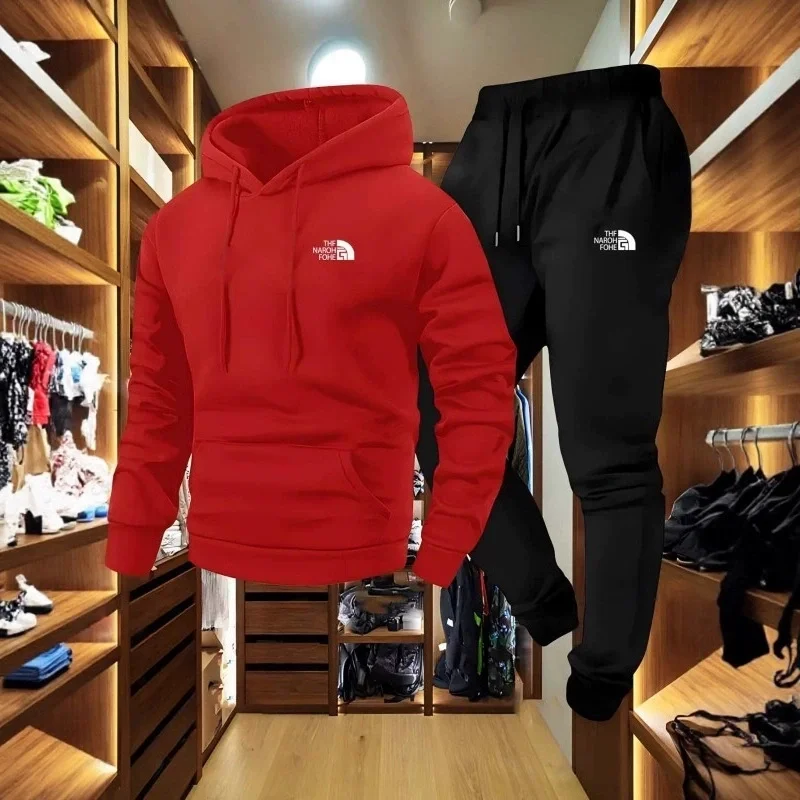 Outdoor Sport Is - ชุดลำลองสองชิ้นลายฤดูใบไม้ร่วงและฤดูหนาวสำหรับผู้ชาย เสื้อฮู้ดและกางเกงมีกระเป๋า ทรงปกติ ชุดกีฬากลางแจ้ง